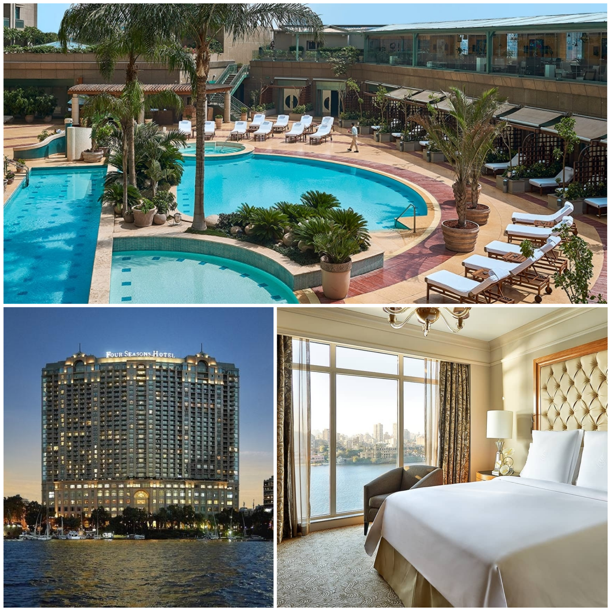 Four Seasons Nile Plaza Hotel in Egypt offer confort, modernly designed rooms overlooking the Nile, as well as pools for relaxation. 